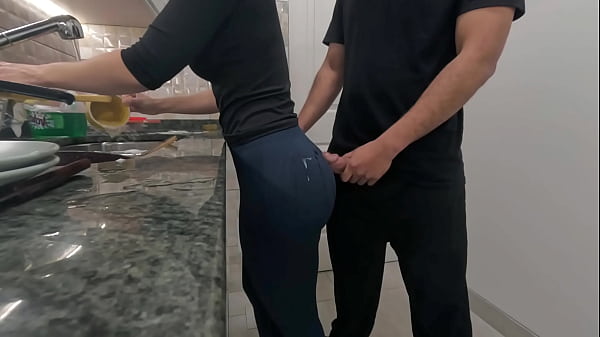 White Maid getting Cum on her Ass while Working in the Kitchen