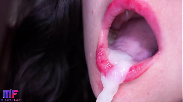 Close-up red lips blowjob, tongue play and oral creampie