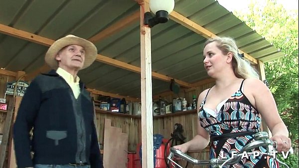 Pretty little slut with big tits and big ass taken in a threesome with grandpa